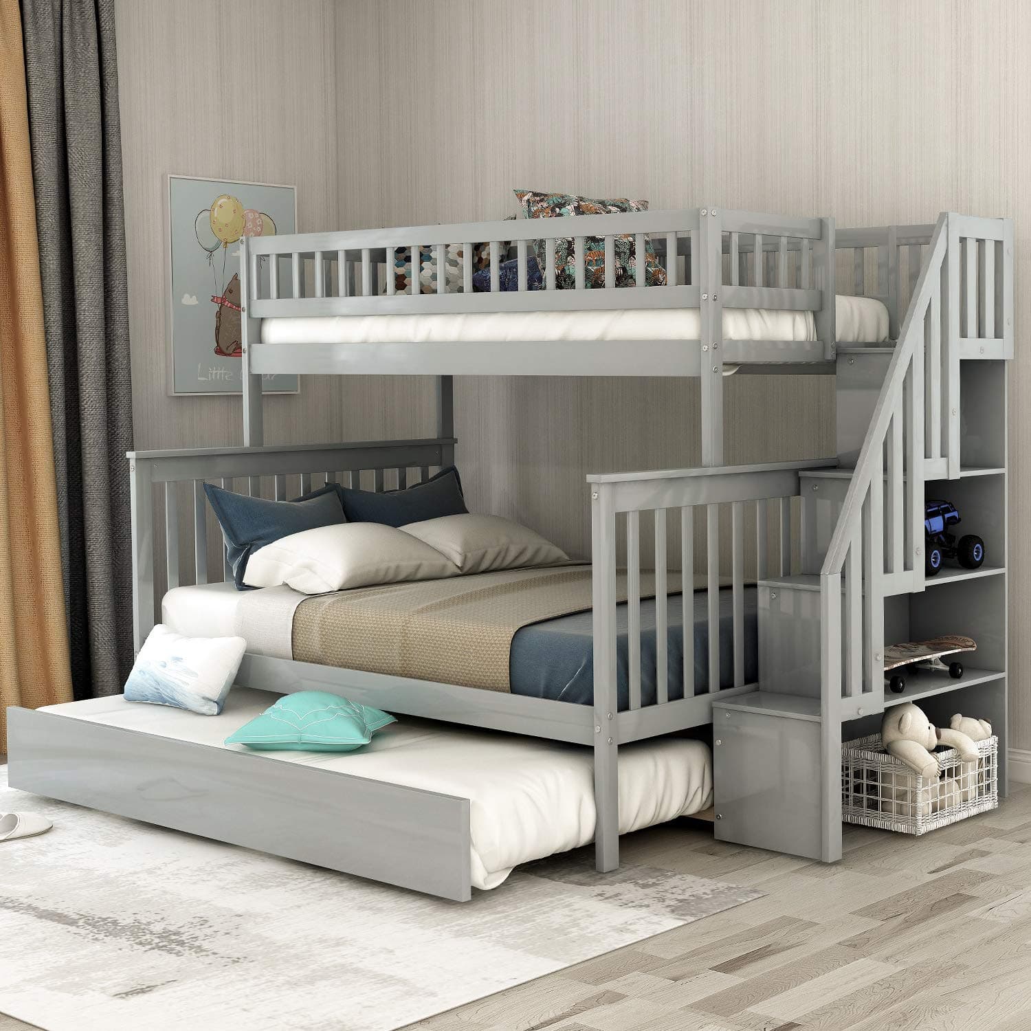 Twin Over Full Stairway Bunk Bed with Trundle, Solid Wood Twin Over Full Floor Bunk Beds with Ladder and Safety Rail for Kids Boys & Girl, Ship from USA Warehouse, Arrive Fast (Grey)