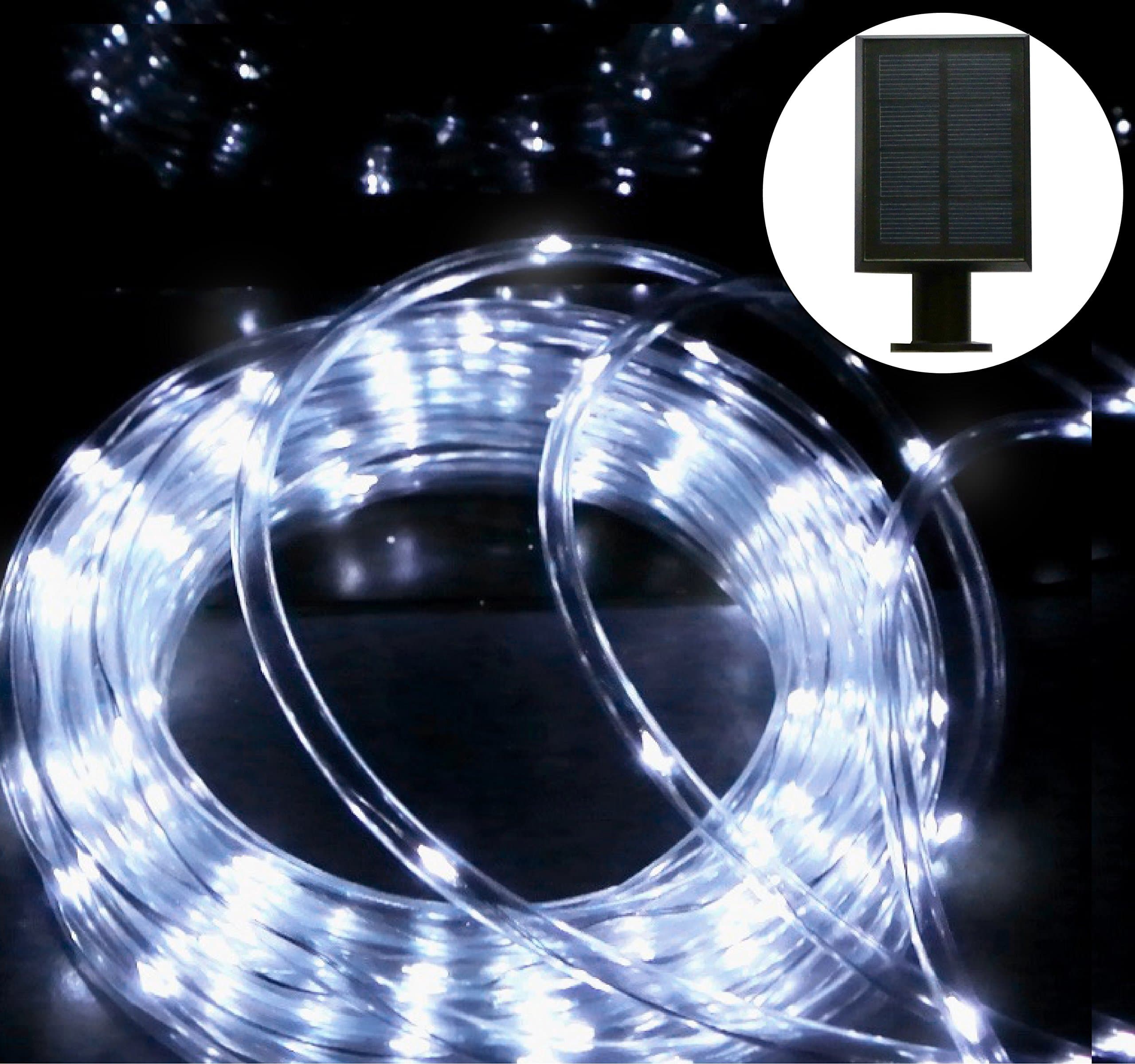 Izzy Creation 33ft Cool White 100 LED Solar Rope Lights Kit with 8 lighting modes / 1500 mAh battery for Holidays and Year Round Use, garden wedding birthday, outdoor, waterproof, Clear tube (33 Feet)