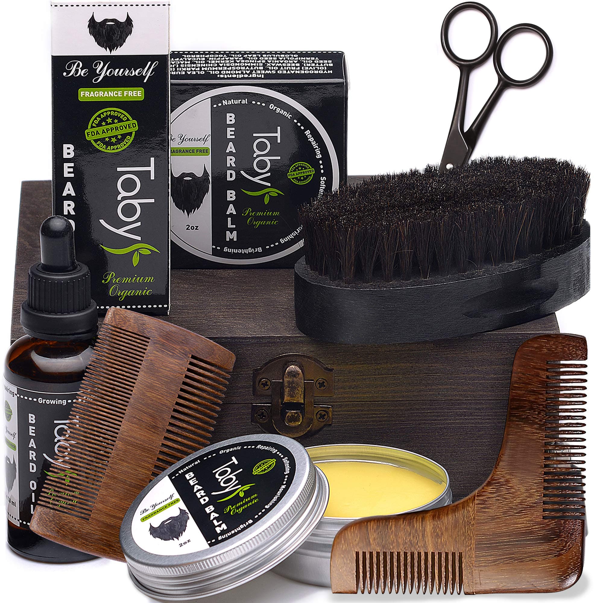 Beard Kit Grooming Care for Men Includes - Beard Oil Beard Balm Horsehair Brush 2 Wooden Combs Beard & Mustache Scissors Gift Set for Men