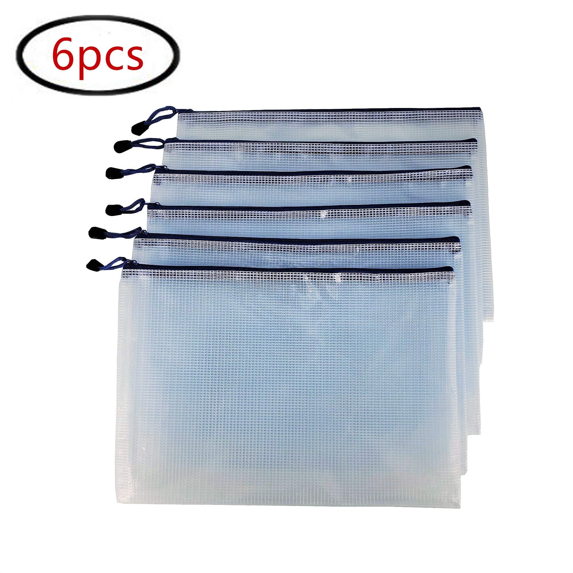 Plastic Mesh Zip Document Waterproof Zipper File Bags Storage Pouch with A4 Size Paper, 6 PCS