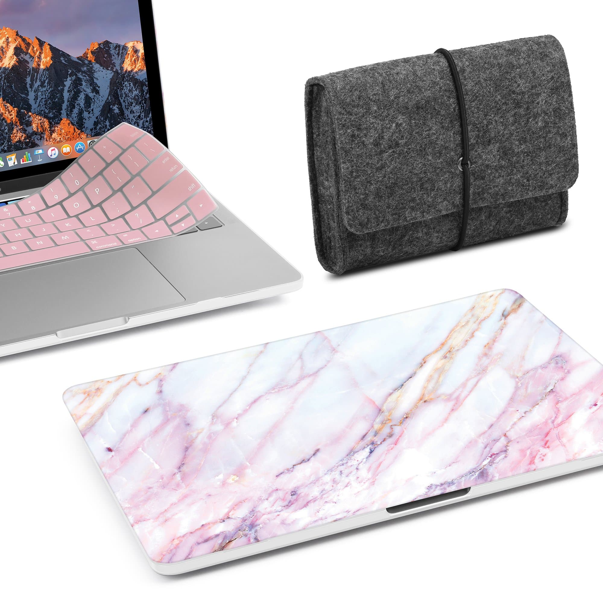 GMYLE 3 in 1 Bundle Felt Storage Pouch Bag & Pink Marble Soft-Touch Plastic Hard Case with Pink Keyboard Cover for New Macbook Pro 13 inch With/Without Touch Bar(A1706/A1708,2016-17Release)