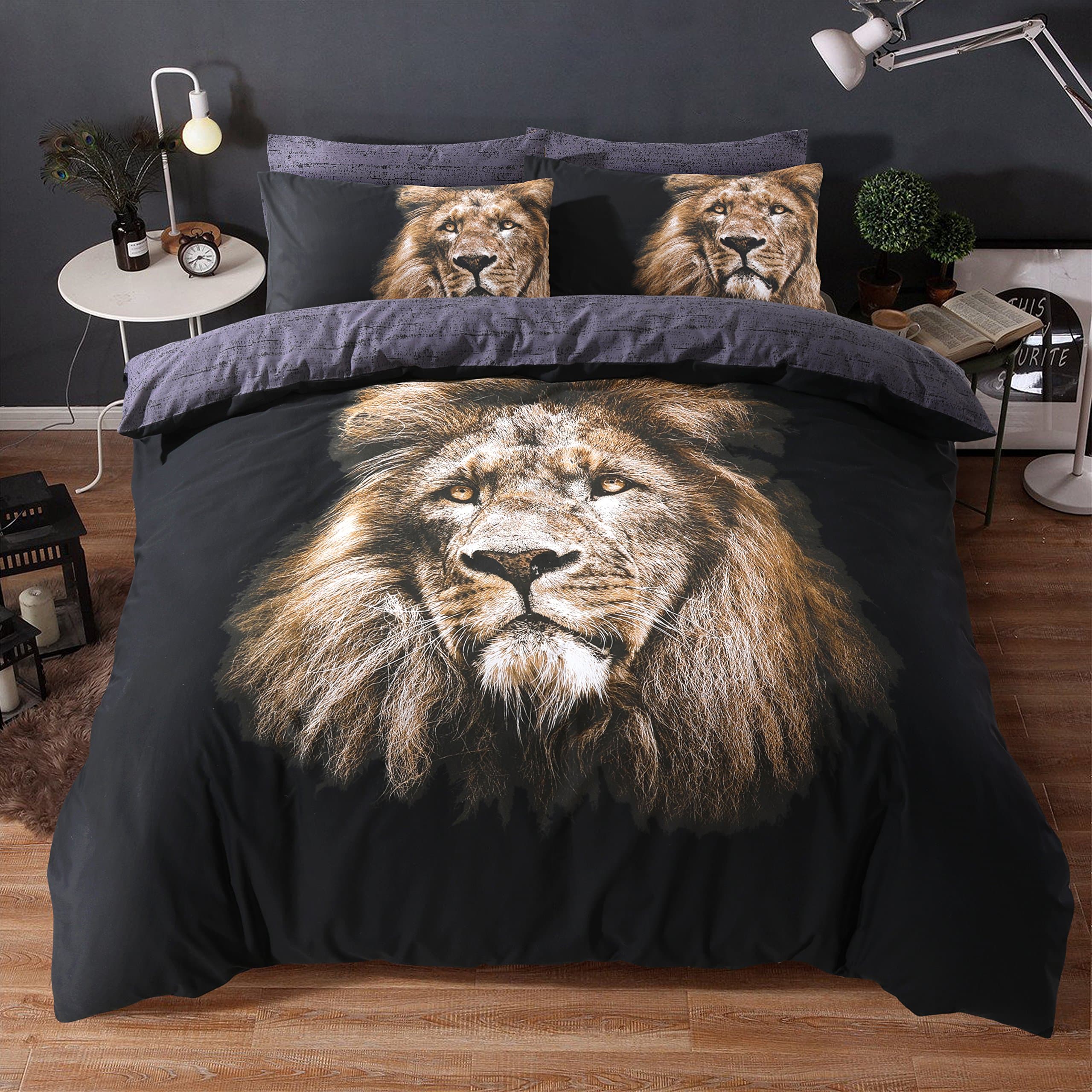 Duvet cover set animal print effect quilt bedding set poly cotton new (Lion print, king)