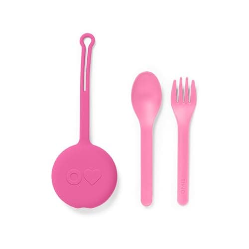Omie OmieBox Kids Dinnerware Set with Case - 2 Piece Plastic Reusable Fork and Spoon Silverware with Pods for Kids (Bubble Pink)