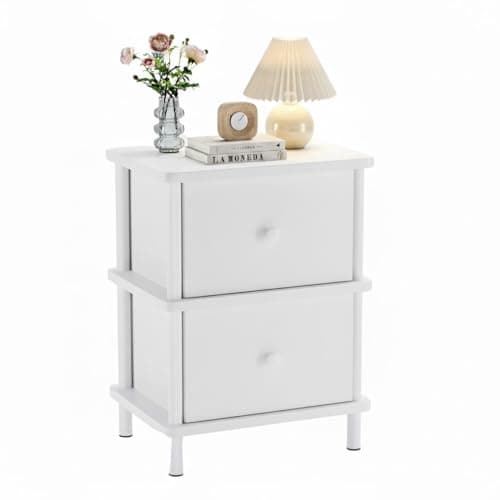 Apicizon Nightstand with 2 Storage Drawers, Boho Side Table with Solid Wood Legs, End Table for Small Spaces, Bedroom, Living Room, Entryway, White+White
