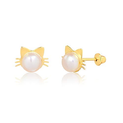 18k Hypoallergenic Solid Yellow Gold Cat Face Button Rose Freshwater Cultured Pearl Push Backs Stud Earrings for Babies, Girls, and Infants. (6 mm)