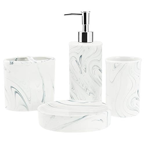 4-Piece Ceramic Bathroom Accessories Set, Complete Marble Style Bathroom Ensemble Sets for Bath Decor Includes Soap Dispenser Pump, Toothbrush Holder, Tumbler, Soap Dish, Ideas Home Gift (Grey)