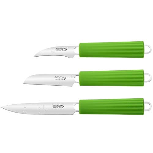 Paring and Peeling Chef Knife Set in Gift Box by ECOTONY – 3 Piece Professional Stainless Steel Sharp Edges Kitchen Knife Set – Curved Peeler, Fruit Parer and Utility Knife - Soft Silicone Handles
