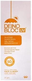 Deino Bloc UV Sunscreen Gel Suitable for All Skin Types, SPF 50, 24 Hour Protection, Vitamin C & E Enriched