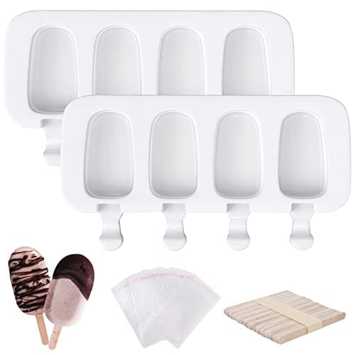 Acerich Popsicle Molds, 2 Pack Ice Pop Molds Silicone 4 Cavities Cake Pop Mold Oval with 50 Wooden Sticks & 50 Parcel Bags for DIY Ice Cream - White
