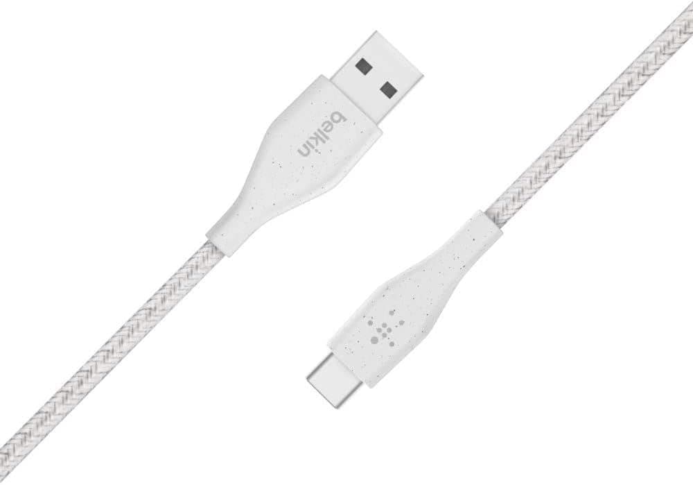 Belkin DuraTek Plus USB C to USB Cable - USB-A Cable W/Leather Strap - Ultra-Strong Charging Cable W/Flexible Insulation - Compatible W/iPads, Samsung Galaxy, Google Pixel & More - 4ft (White)