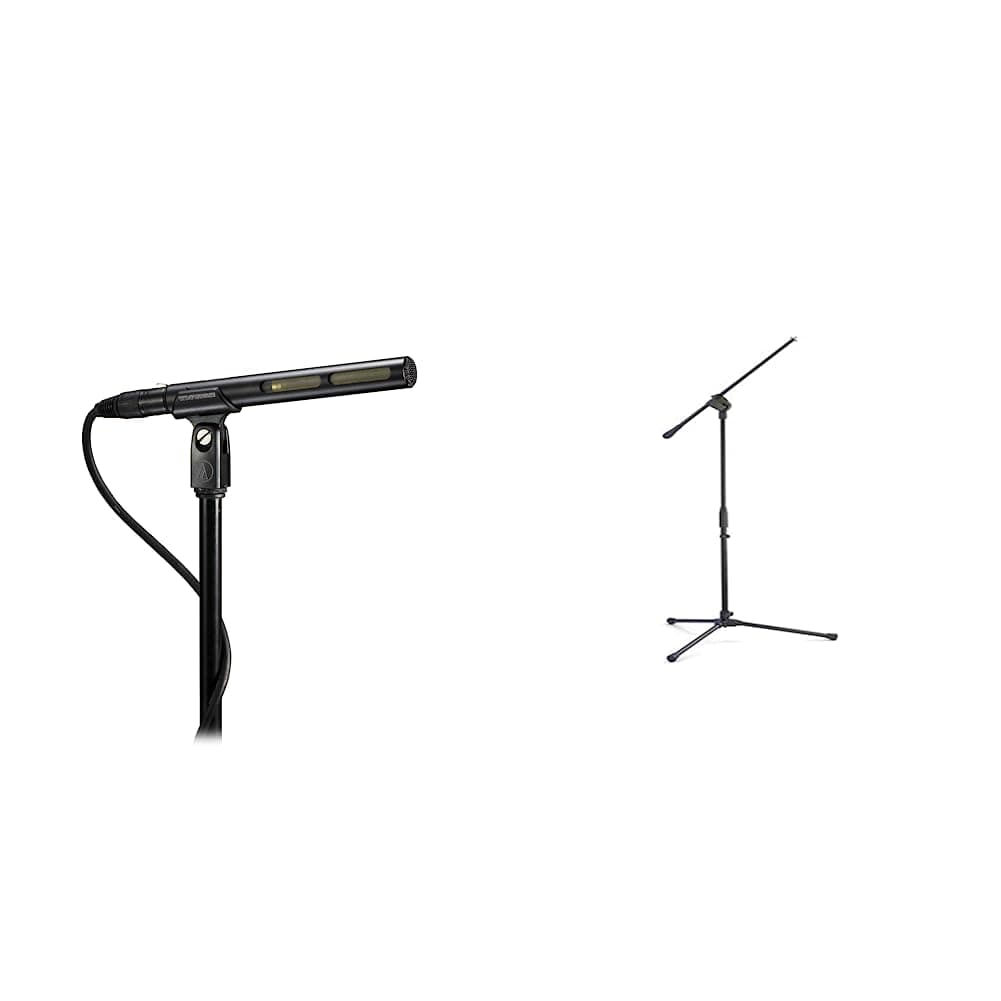 Audio-Technica AT875R Line/Gradient Shotgun Condenser Microphone 9.5 x 5 x 2.75 inches & Samson Microphone Stand, Black (SAMK10)