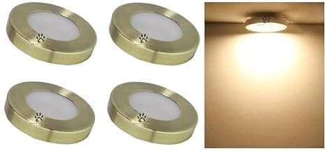 Mufasa 6 Watts Antique Brass Finish 9cm Led Surface Panel, Cabinet, Wardrobe Light, Slim Round Style Flush Mount Ceiling Lamp, Pack of 4 (Warm White,Aluminum)