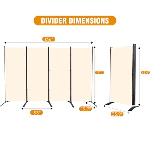 4 Panel Folding Privacy Screens, 6 FT Tall Wall Divider with Metal Frame, Freestanding Room Divider for Office Bedroom Study (4 Panel, Beige)