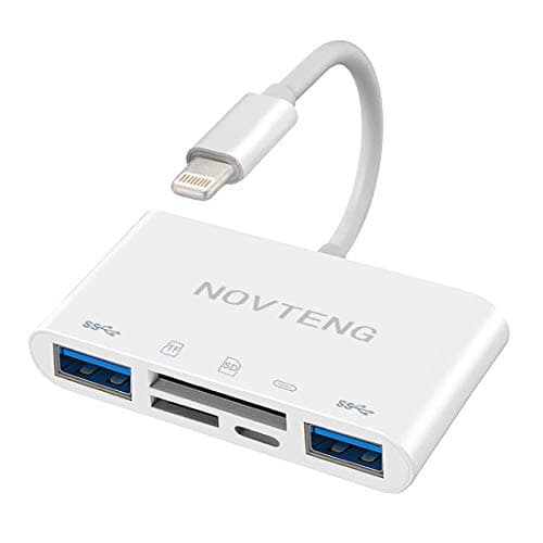Novteng SD Card Reader for iPhone, Dual USB 3.0 to iPhone/iPad Adapter, 5 in 1 USB Camera Connection Kit Adapter for iPhone and iPad, Compatible with SD/Micro SD/TF Card, USB Peripherals and More.