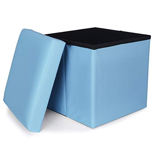 RONSTA Storage Ottoman, Foldable Cube Ottoman with Storage for Children, Foot Rest, Cloth Foot Stools and Ottomans with Memory Foam and PU Leather Seat 12"X12"X12"(PU-SkyBlue)