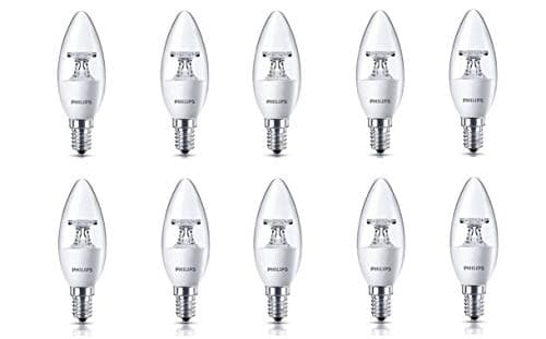Philips 4-Watt 400-lumen Clear Candle E14 Base (Warm White, Pack of 10) - Decorative, Ambience for Chandeliers, Wall Lights, Desk Lamps, Floor Lamps