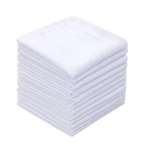 GB Men's Handkerchiefs 100% Cotton Solid White with Stripe Large Classic Hankies Bulk Set