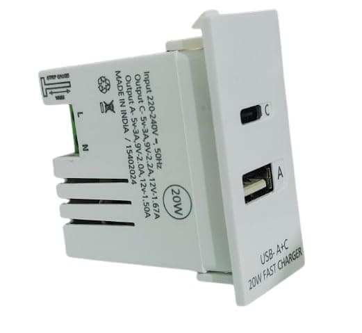 AccuCharger Dual Usb Socket Fast Charger,20W Usb-C And Pd Usb-A Qc 3.0,Modular Switch Board Fitting Wall Socket Fast Charging Adapter For Roma Classic,Rider,Tresa,Deko,Lira Plates.(20W-5V,3A),White