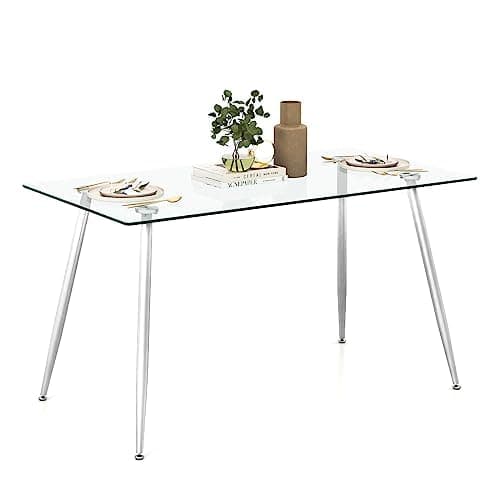 Tangkula Glass Dining Table, Modern Rectangular Table with Tempered Glass Tabletop & Sliver Steel Legs, Simplistic Kitchen Versatile Table for Home Office