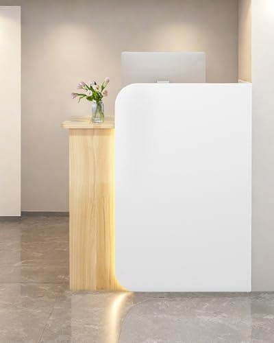 Reception Desk Office Checkout Counter, Modern Front Desk Reception Counter Desk With Lockable Drawer Simple Retail Counter For Retail, Lobby, Beauty Salon Clothing Store(Woodgrain+White,32"Lx18"Wx39"