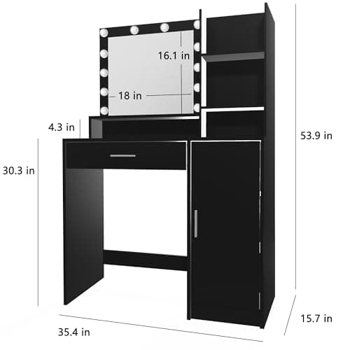 Palimder Vanity Desk with Mirror & Light, Large Drawer & Three Level Storage Dresser, 3 Lighting Modes Adjustable Brightness, Bedroom Dressing Table (Black)
