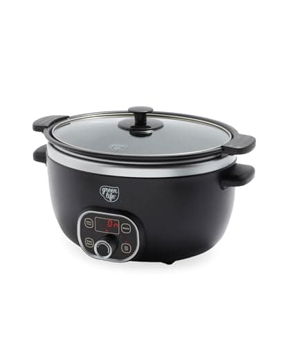 GreenLife 6 Quart Ceramic Slow Cooker, PFAS-Free, Programmable, Removable Healthy Nonstick Pot for large families, Sear on Stovetop, Keep Warm, Digital Timer, Dishwasher Safe Glass Lid & Crock, Black