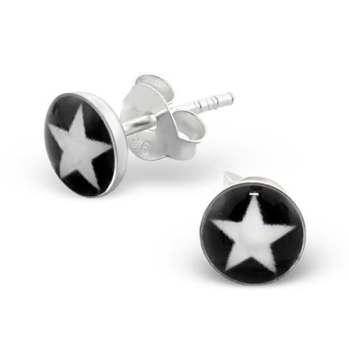 Retro Styler Sterling Silver 6mm Domed Stud Earrings Featuring a Distinctive White Star Design on a Glossy Black Background