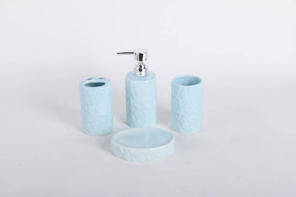 Orchid Bathroom Accessories Set Bath Ensemble Includes Soap Dispenser, Toothbrush Holder, Tumbler, Soap Dish for Decorative Countertop and Housewarming Gift 4-set, blue colour
