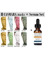 8 X CASMARA Mask Premium Complete Package (With 2 Gold Masks) + 1 Modeling Mask Mixing Spatula and 1 of #1 Best Organic Vitamin CE+Ferulic Serum by BioPureMED
