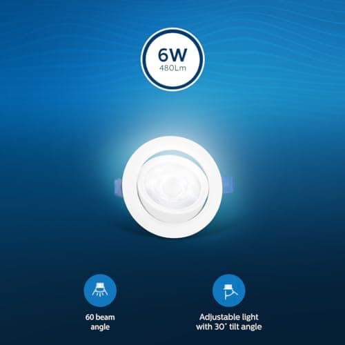 Philips 6 Watt White LED Ceiling COB Round Spot Light with Adjustable Tilt | Cut out: 73mm | Cool Day Light, Pack of 6 (BrightSpot)