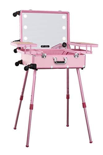 Jula Vance Makeup Train Suitcase with Built-in Lights & 3 Light Colors & Omni-Direction Wheels Lighted Rolling Travel Cosmetic Organizer, Professional Artist Trolley Studio Free Standing (Pink)