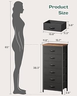 Huuger Tall Dresser for Bedroom, 6 Drawer Dresser & Chests of Drawers, Fabric Dresser for Closet, Bedroom, Night Stand, End Table with Metal Frame, Storage Tower, Rustic Brown and Black