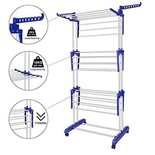 Clothes Drying Rack, Stainless Steel Oversized 4-Tier Collapsible Rolling Drying Rack Clothing Folding Laundry Drying Rack Stand Indoor/Outdoor with Side Wings and Casters Gray Blue
