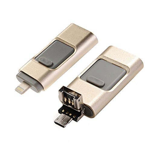 ANATEK 3 in 1 Multifunction Mobile USB Flash Drive [64G] with Lightning Connector OTG for iPhone 5 5S 6 6S Plus, iPad Mini, iPad 4, iPad Air, Android Systems, Computer and PC (Gold)