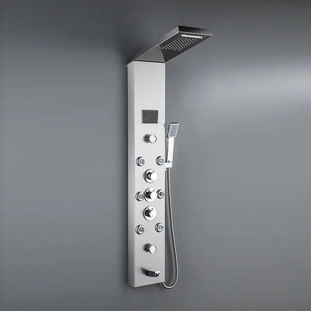 NextGen Stainless Steel Shower Panel 6 in One With LED Display, Tower System, Rainfall Shower, Body Massage Spray, Handheld Shower, Temperature Display, Wall Mount Easy Connect Shower Panel (chrome)