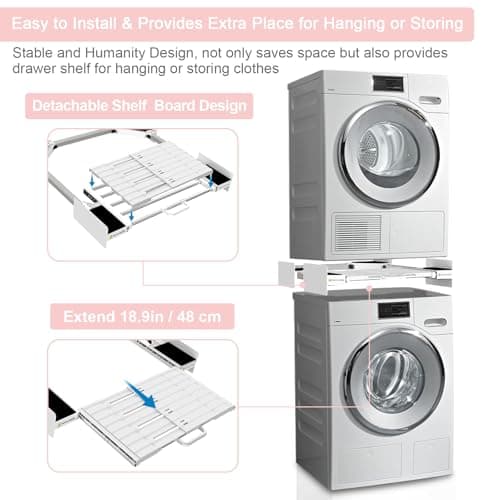 NIUXX Washing Machine Stacking Kits with Shelf, Universal Stacking Kit with Sliding Shelf, Adjustable Stacking Shelf for 53-68 cm Tumble Washer and Dryer, with Ratchet Rope and Detachable Shelf Board