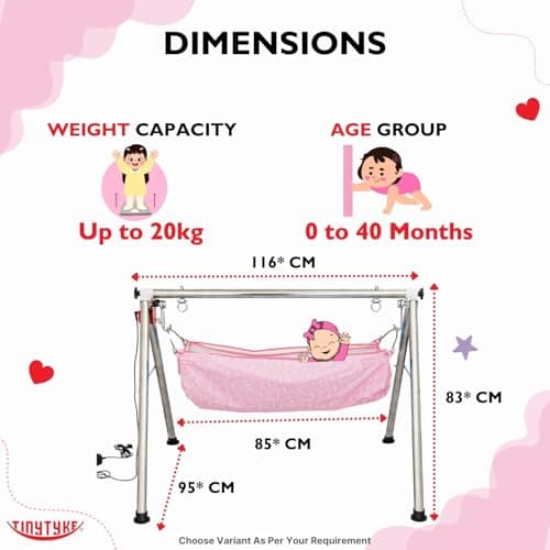 TINYTYKE Automatic Cradle for Baby - Electric Swing Cradle with Adjustable Speed - Fully-Foldable Frame with Pink Cloth and Mosquito Net - Baby Palna/Jhula for Kids of 0 to 3 Years - Carry Upto 20kgs