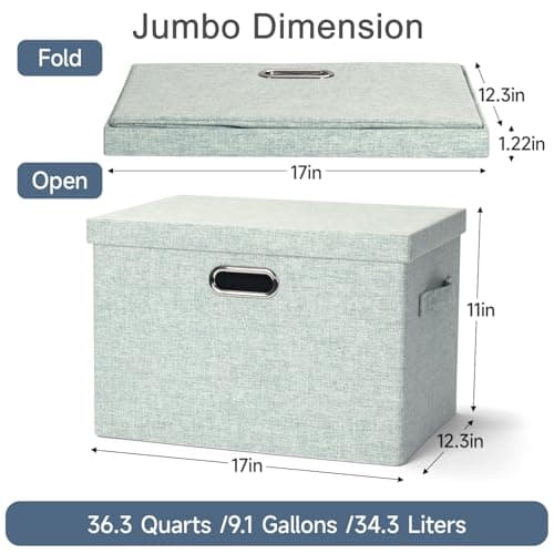 Large 17" 36 Quart Collapsible Stackable Storage Bins with Lids, 3 Packs Light Green Linen Fabric Closet Boxes with Lids, Storage Cube Baskets Container Organizers for Office (17x12x11)