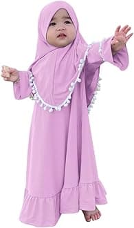 AWIBMK Baby Girls Two-Piece Abaya Dubai Turkey Prayer Maxi Dress + Full Cover Hijab Muslim Long Sleeve Robe Islamic Clothing