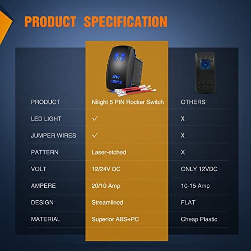 Nilight SPOT Lights Rocker Switch Led Light Bar Switch 5Pin Laser On/Off switches 20A/12V 10A/24V Switch with Jumper Wires Set for Cars,Trucks,RVs,2 Years Warranty
