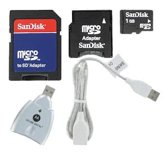 Quad Platform Multimedia Mobility Combo Kit of Sandisk 1GB microSD, SD Adapter, miniSD adapter and Motorola SYN1045 USB Transflash Memory Card Reader/Writer with USB extension cable