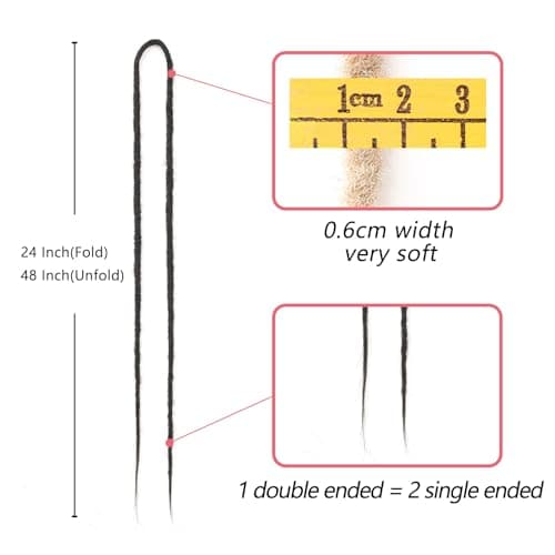 Leeven 30 Strands Synthetic Double Ended Dreadlock Extensions 24 Inch Natural Black 0.6 cm Width Thin DE Dreads Crochet Hippie Wool Dreads Handmade Soft Loc Extensions for Women Men