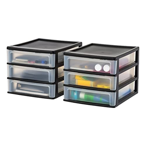 IRIS USA Plastic Stacking Desk Top 3-Drawer Storage Organizer, 2-Pack, for Makep Vanity Nail Polish Bathroom Stationery Art Craft Supplies Kitchen Office Garage and Small Organization, Medium, Black