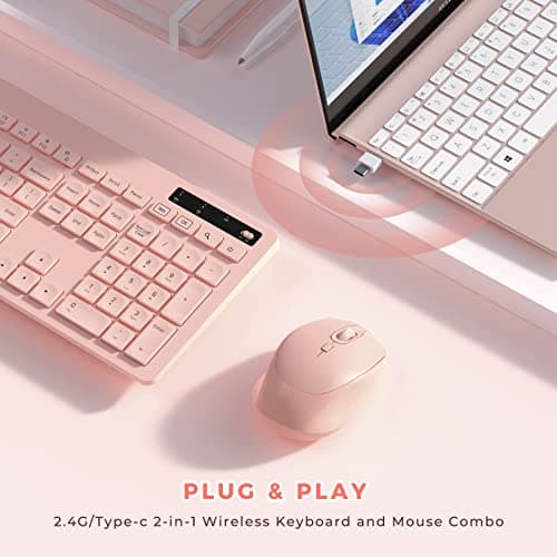 Wireless Keyboard and Mouse for MacBook, Vivefox Pink Rose Wireless Keyboard with Phone Holder, USB A & Type C Receiver, Full-Size Combo for Mac, MacBook/Air/Pro Windows PC Computer