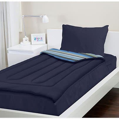 3 Piece Reversible Navy Blue Bed in a Bag Set Twin size, Stay Tucked In feature that connects Fitted Sheet, Comforter, and Pillow Case