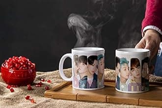 BTS Dynamite Mug Korean Boy Band Coffee Cups Easy Grip C-Shaped Handle Tea Coffee Ceramic Cup Ideal Presents for BTS Army Hard Core Fans Friends Music Lovers (White)