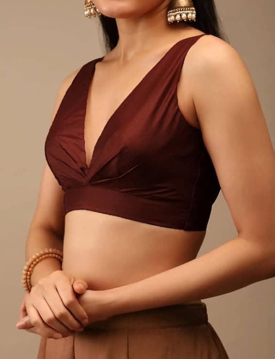 Readymade Indian Bollywood Satin Silk Saree Blouse Women's Solid Plain Top Sleeveless, V-Neckline Sari Choli