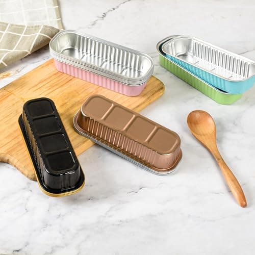 Mini Loaf Baking Pans with Lids and Spoons (50 Pack, 6.8oz) Rectangle Aluminum Foil Baking Pans Tins Containers - Cupcake Containers Wrappers Cheesecake Creme Brulee Ramekins