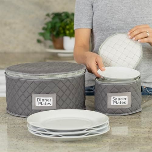 China Storage Case - Dinner Plate Quilted Case - 12 inches diameter x 7 inches height - Gray - Includes 12 Felt Separators