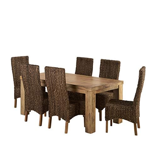 Oak Furniture Land Mantis Light Natural Solid Mango 5ft10 Table with 6 High Back Grass Chairs